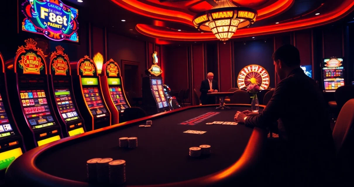 Engaging poker game at F8bet casino with colorful slot machines and roulette wheel.