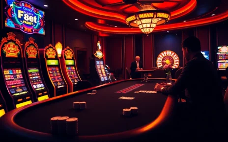Engaging poker game at F8bet casino with colorful slot machines and roulette wheel.
