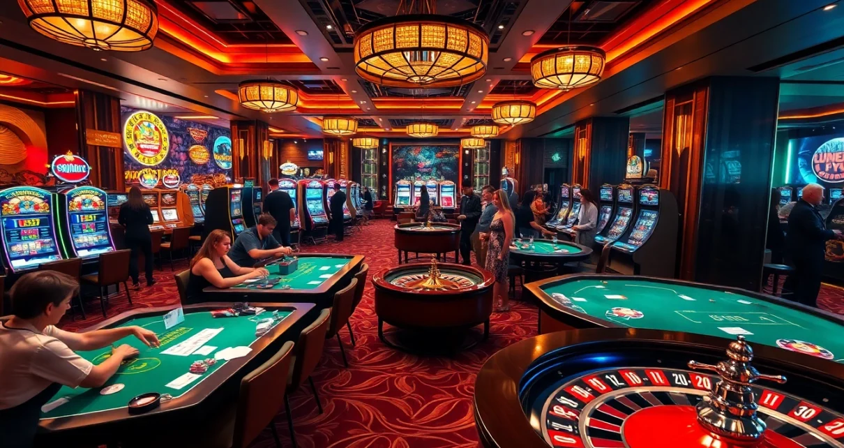Players enjoying a lively gaming atmosphere at https://mk8th.net/ casino with poker tables and slot machines.