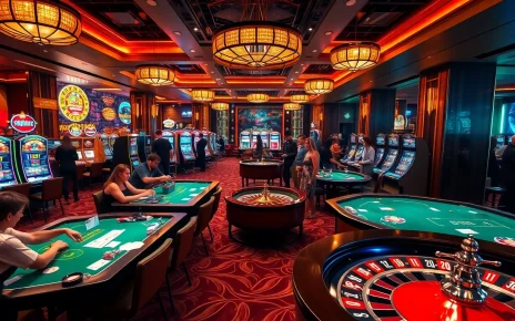Players enjoying a lively gaming atmosphere at https://mk8th.net/ casino with poker tables and slot machines.
