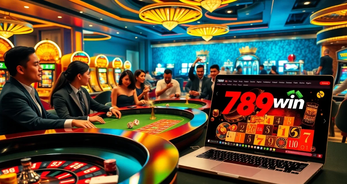 Exciting casino atmosphere featuring 789win branding with roulette, poker, and online gambling elements.
