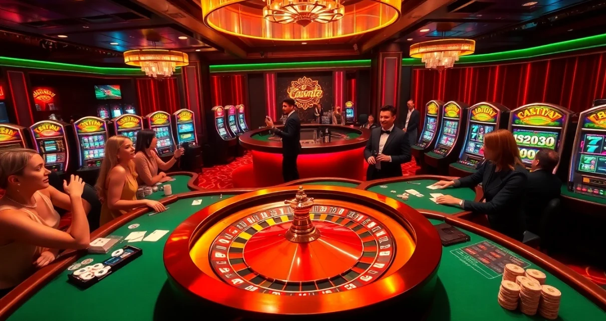 Gamblers enjoying the excitement of casino games at https://nh8833.com/ with vibrant roulette wheels and poker tables.