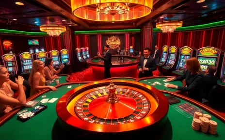Gamblers enjoying the excitement of casino games at https://nh8833.com/ with vibrant roulette wheels and poker tables.