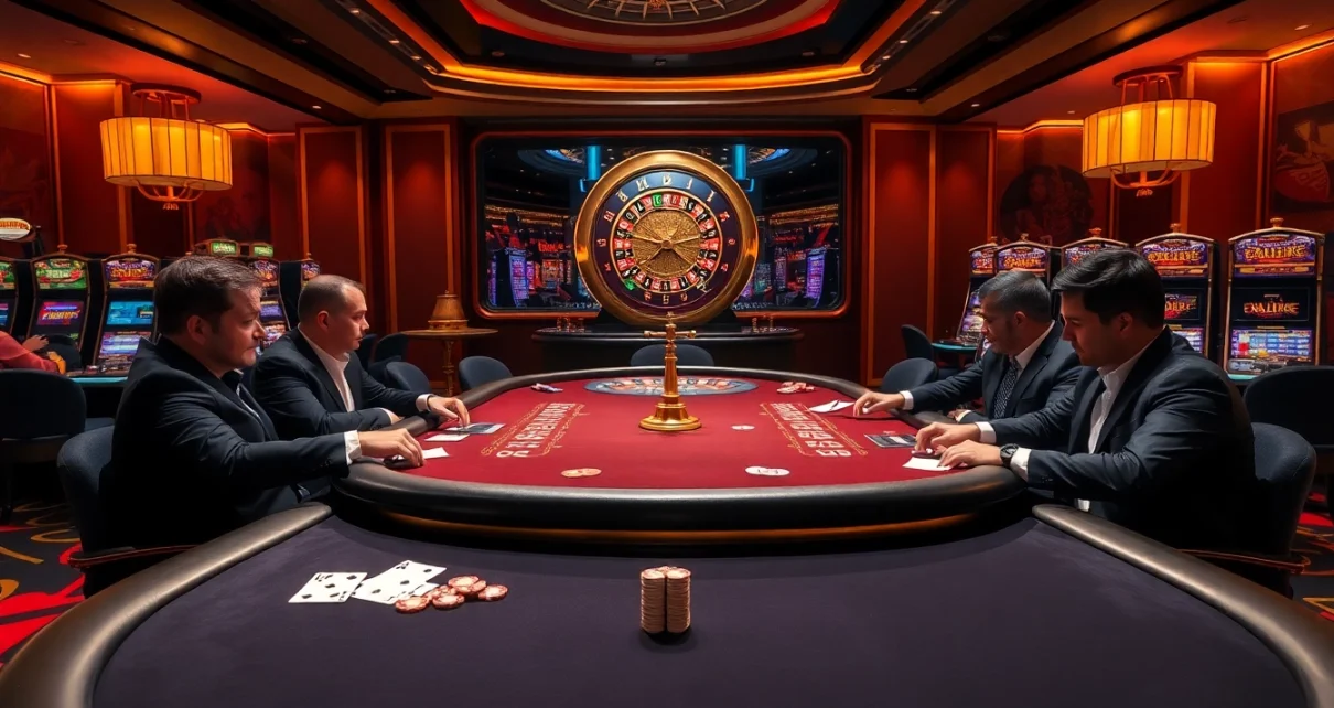 TOP CLUB poker players enjoying a thrilling high-stakes game in an upscale casino.