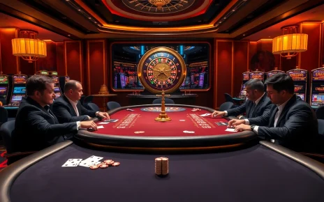 TOP CLUB poker players enjoying a thrilling high-stakes game in an upscale casino.