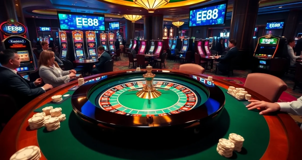 Players enjoying casino games at EE88, featuring roulette and vibrant slot machines.