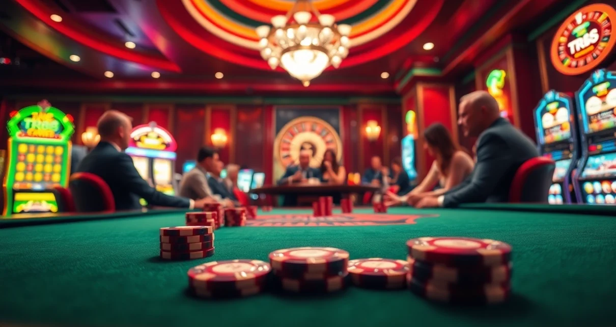 Players strategize around a poker table in a luxurious casino setting, showcasing TR88 branding.