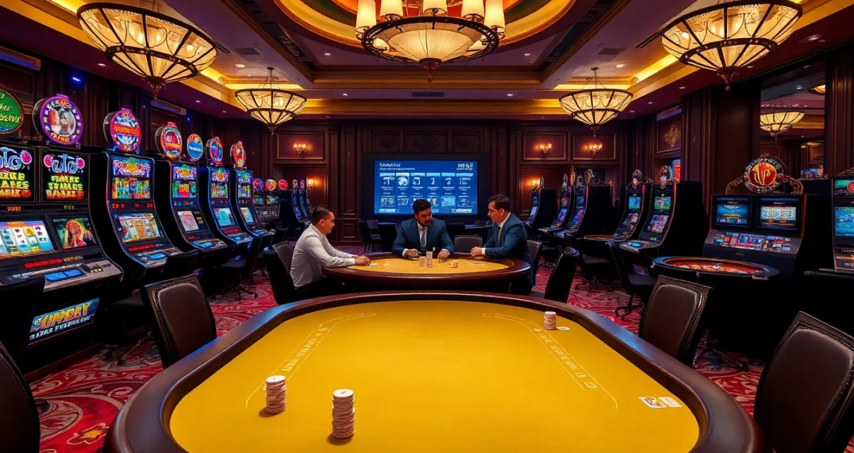 Engaging poker game at 8kbet with luxury decor and vibrant slot machines.