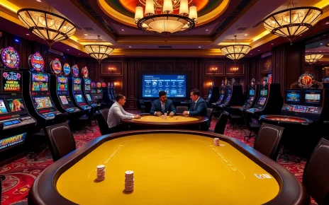 Engaging poker game at 8kbet with luxury decor and vibrant slot machines.