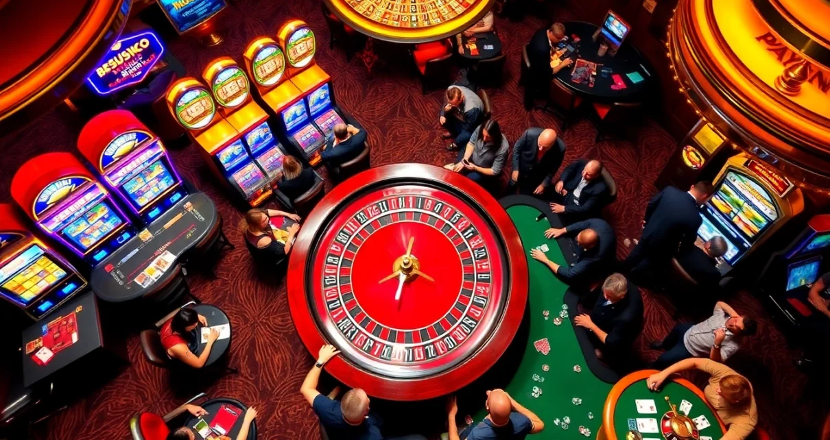 Experience the thrill of 555 win with players enjoying roulette and slot machines in a vibrant casino.