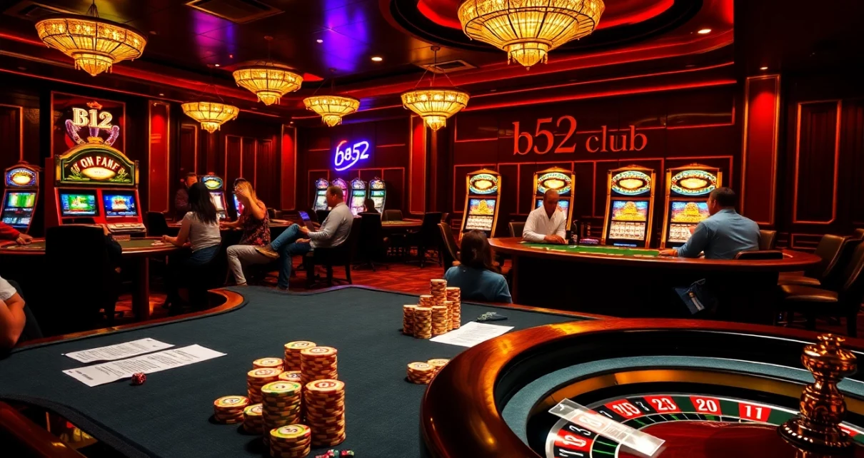 B52club players strategizing at an elegant casino table, showcasing excitement and high stakes.