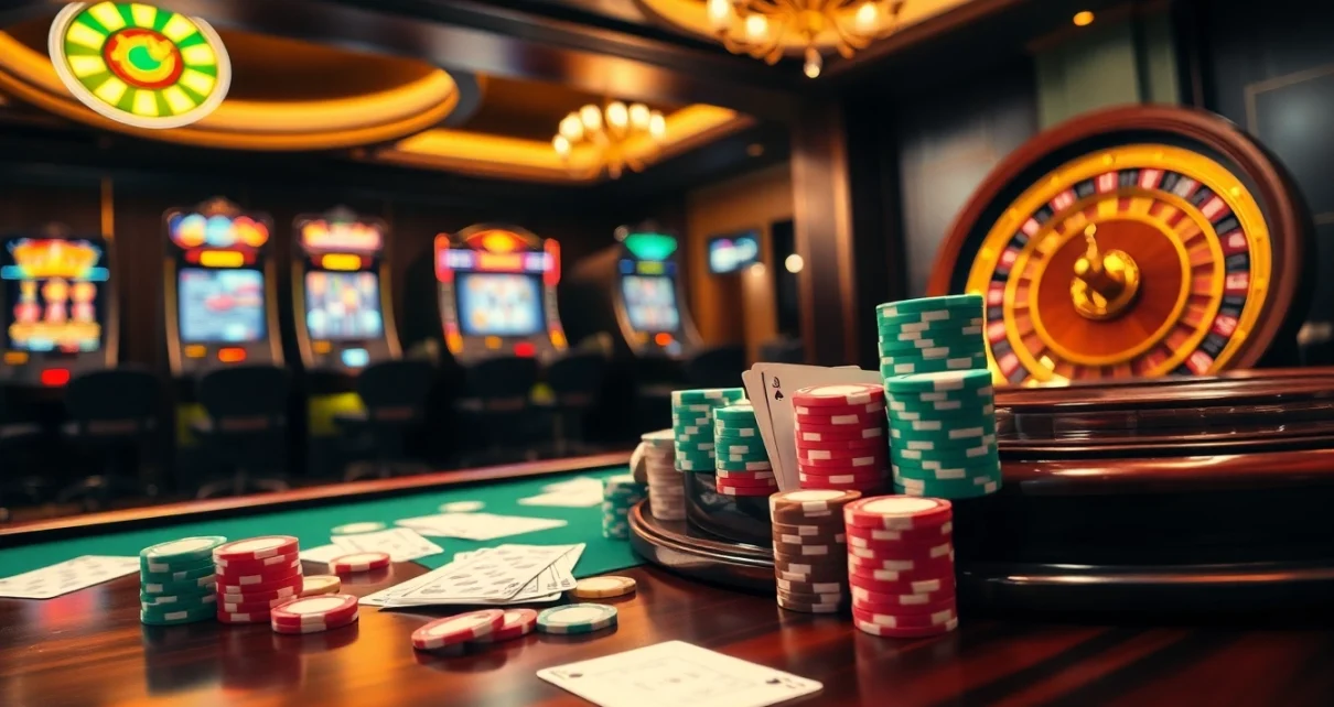 Experience the thrill of F8bet with vibrant poker chips, a roulette wheel, and exciting slot machines.