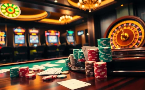 Experience the thrill of F8bet with vibrant poker chips, a roulette wheel, and exciting slot machines.