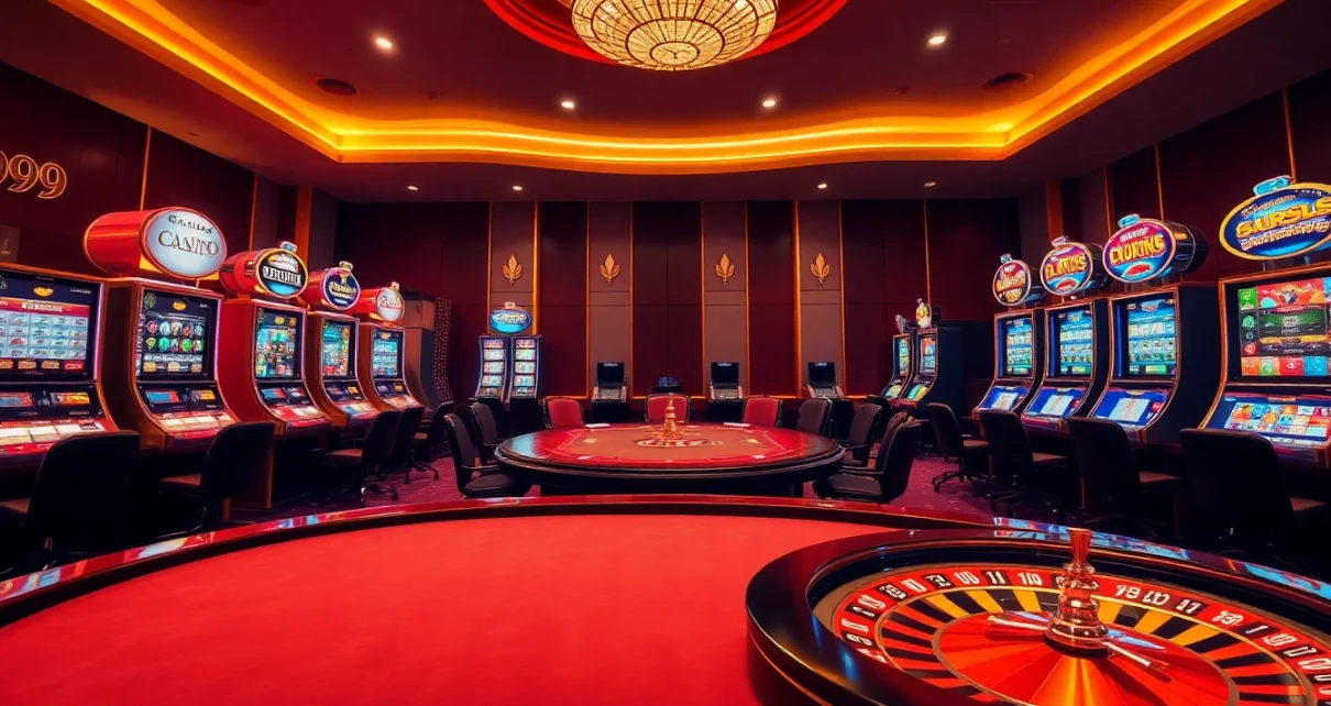 Experience the thrill of gaming at nhà cái GO99 with a vibrant casino scene featuring poker tables and slot machines.