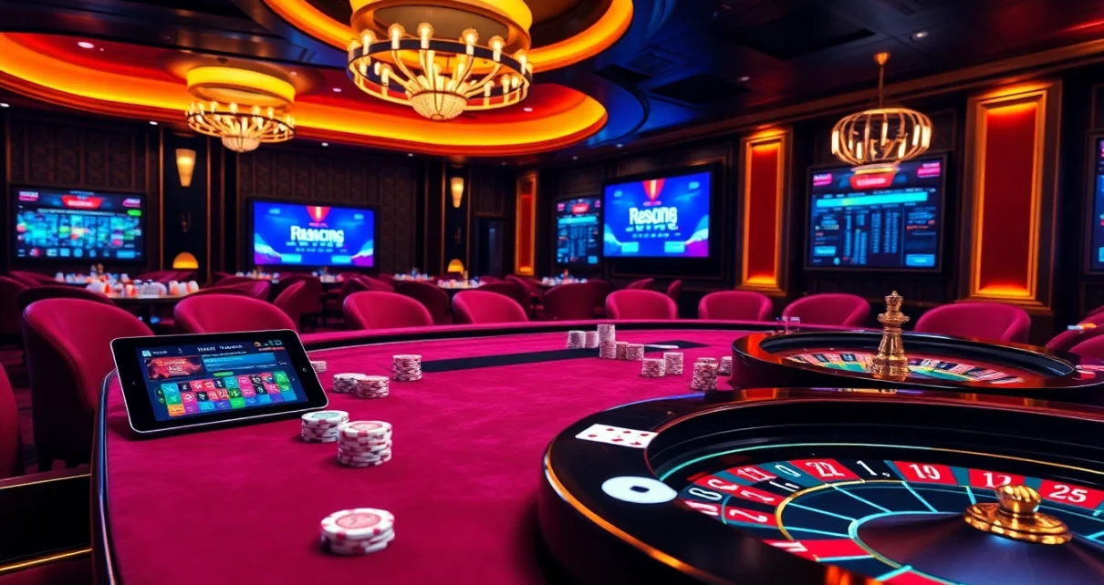 Hitclub casino scene with luxurious elements, poker chips, and a roulette wheel highlighting excitement.