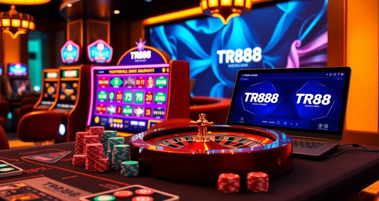 TR88 gaming scene with roulette wheel and vibrant slot machines.