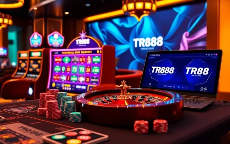 TR88 gaming scene with roulette wheel and vibrant slot machines.
