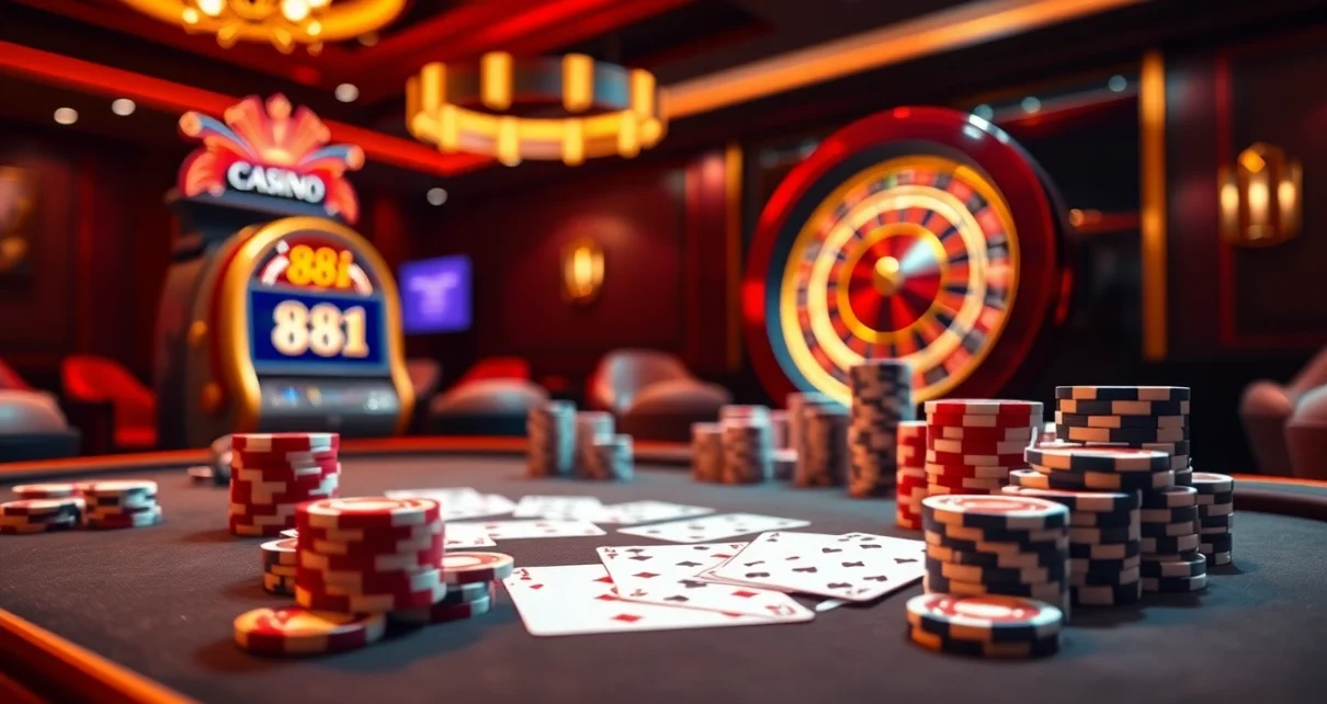 Experience the thrill of the casino with the link 88i, featuring poker chips and an illuminated slot machine.