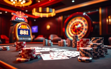 Experience the thrill of the casino with the link 88i, featuring poker chips and an illuminated slot machine.