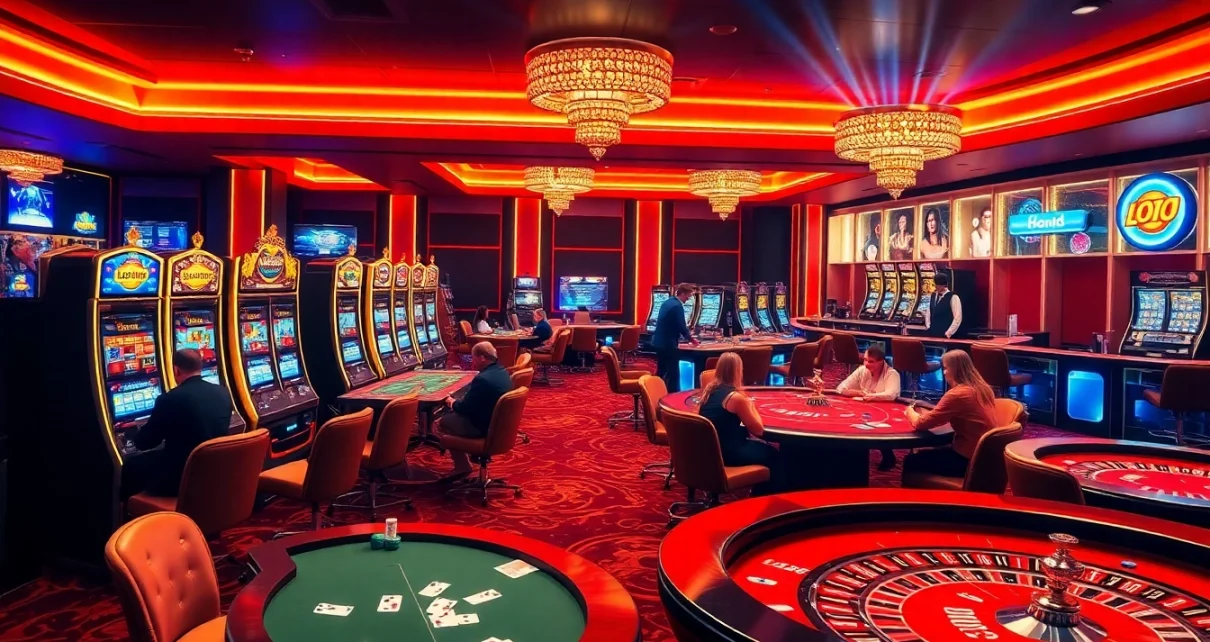 Hitclub casino featuring gamers engaged at luxury tables and slot machines, showcasing excitement.