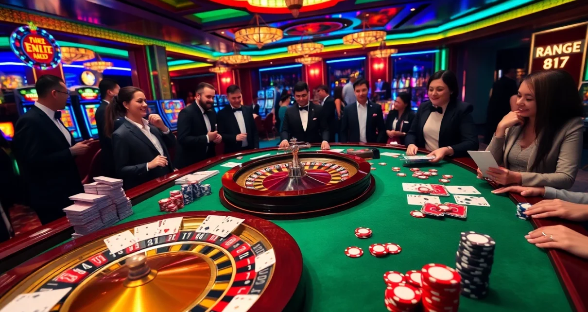 Exciting casino scene featuring roulette and cards, highlighting xn88 link for online gambling enthusiasts.