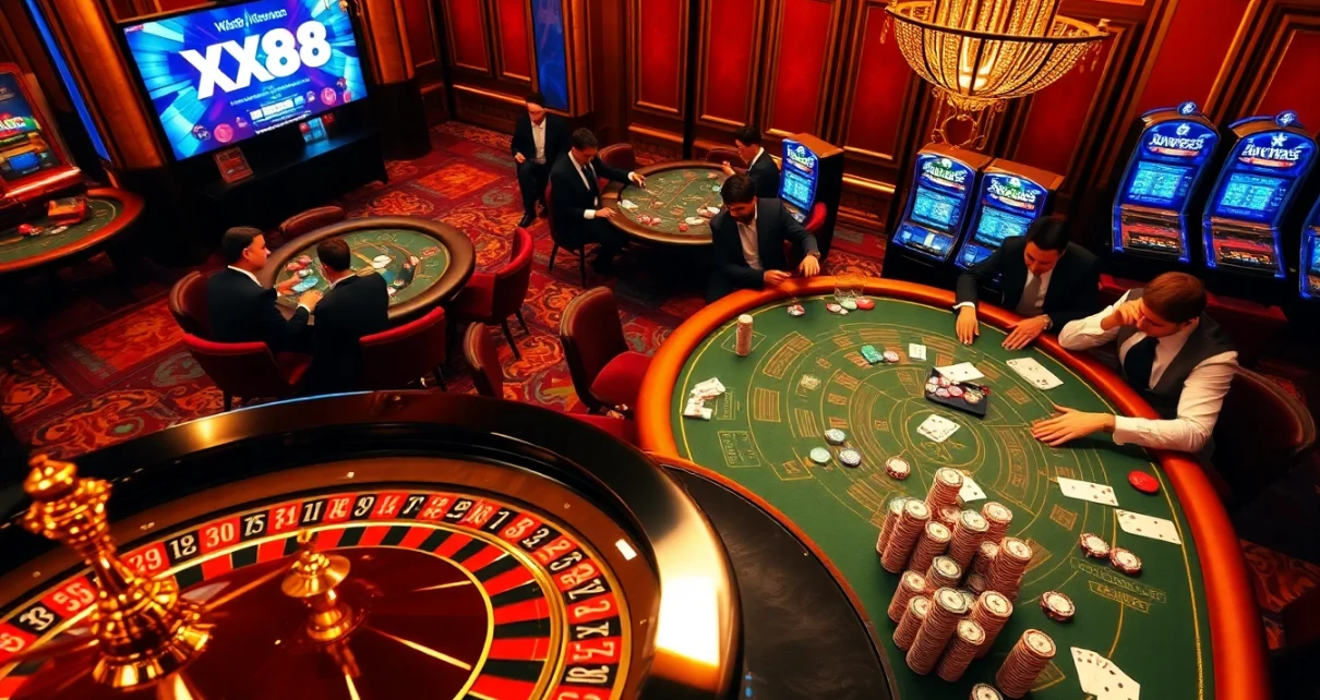 Players strategizing in an upscale casino setting with XX88 themed roulette and poker action.