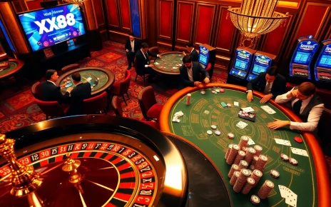 Players strategizing in an upscale casino setting with XX88 themed roulette and poker action.