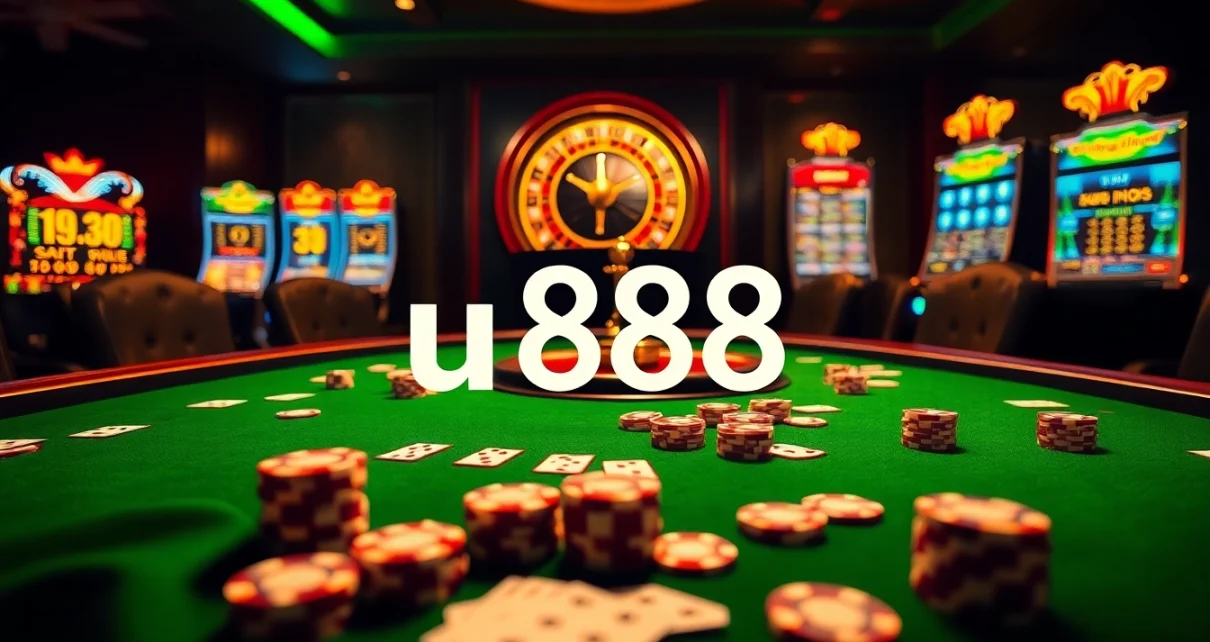 Experience the excitement of u888 with luxurious casino visuals, featuring poker tables and vibrant slot machines.