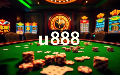 Experience the excitement of u888 with luxurious casino visuals, featuring poker tables and vibrant slot machines.