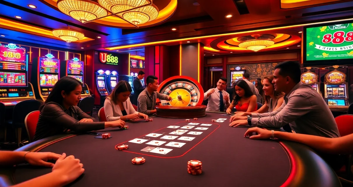 Engaged players at u 888 poker table with vibrant chips, cards, and roulette wheel.