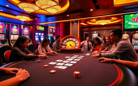 Engaged players at u 888 poker table with vibrant chips, cards, and roulette wheel.