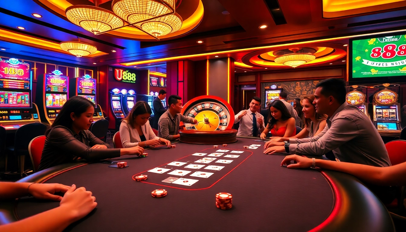 Engaged players at u 888 poker table with vibrant chips, cards, and roulette wheel.