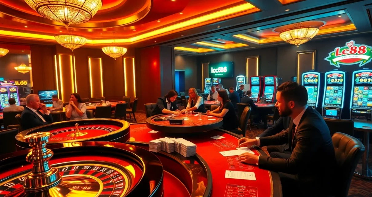 Exciting casino atmosphere featuring lc88 branded tables and slot machines.