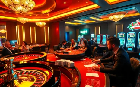 Exciting casino atmosphere featuring lc88 branded tables and slot machines.