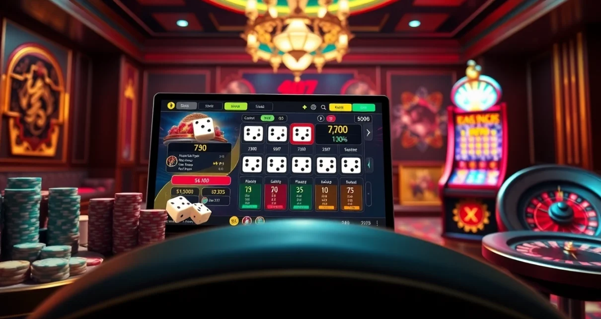 Experience the excitement of tài xỉu online with an interactive gaming interface featuring dice and colorful chips.