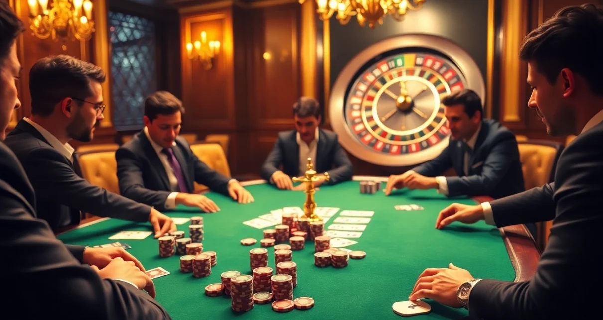 Players enjoying high-stakes poker at fun79 casino, surrounded by vibrant gaming elements.