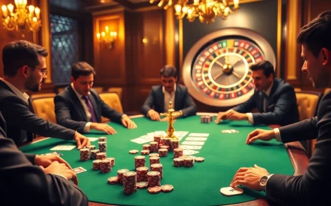 Players enjoying high-stakes poker at fun79 casino, surrounded by vibrant gaming elements.