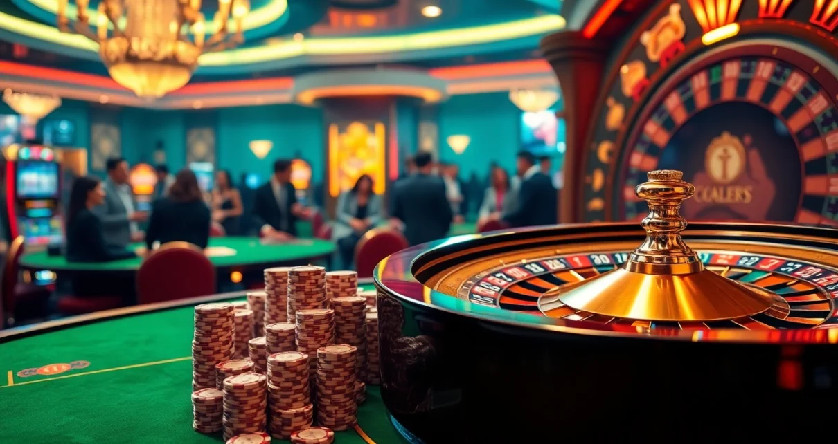 A vibrant casino scene showcasing luxury gambling at http://8kbetok.com/, featuring casino tables, stacks of chips, and an active roulette wheel.
