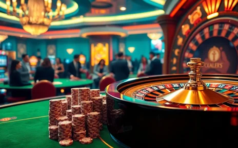 A vibrant casino scene showcasing luxury gambling at http://8kbetok.com/, featuring casino tables, stacks of chips, and an active roulette wheel.