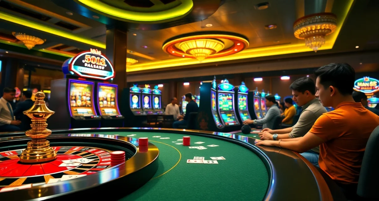 Man88 casino scene showcasing players engrossed in poker and roulette excitement.