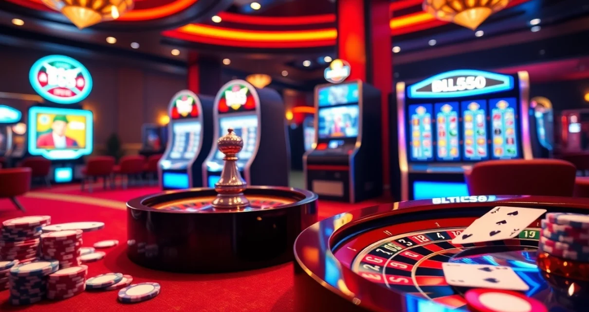 Experience thrilling gambling at BL555 with vibrant roulette wheel and poker chips.