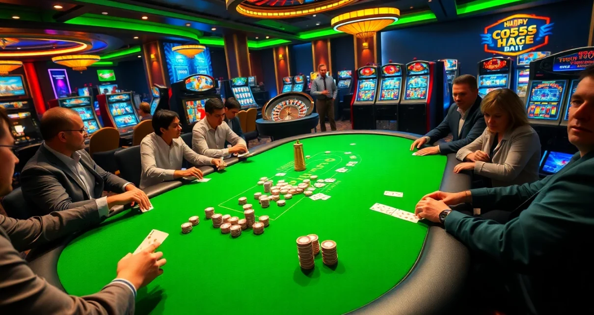 Players at a bl555 poker table engage in high-stakes gameplay with vibrant chips and a roulette wheel.