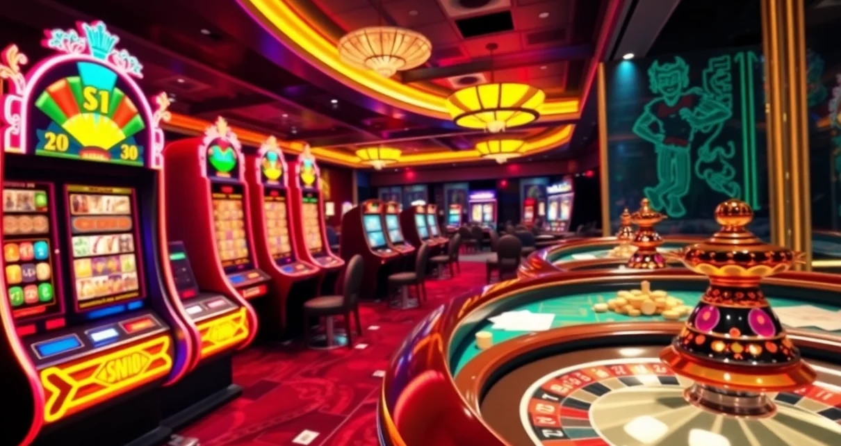 Players enjoying the vibrant casino experience at NK88 with thrilling slot machines and lively gaming tables.