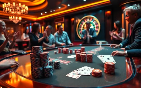 Exciting gaming action at a uu88 poker table with vibrant chips and professional ambiance.