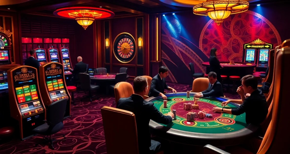 Gamblers engaging with slot machines and roulette at 88i, showcasing excitement and luxury.