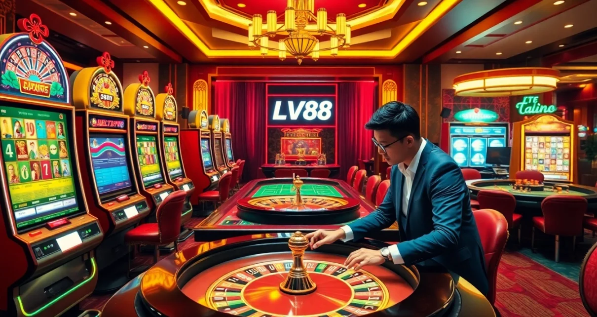 Experience the thrill of gambling at LV88 with vibrant slot machines and poker tables.