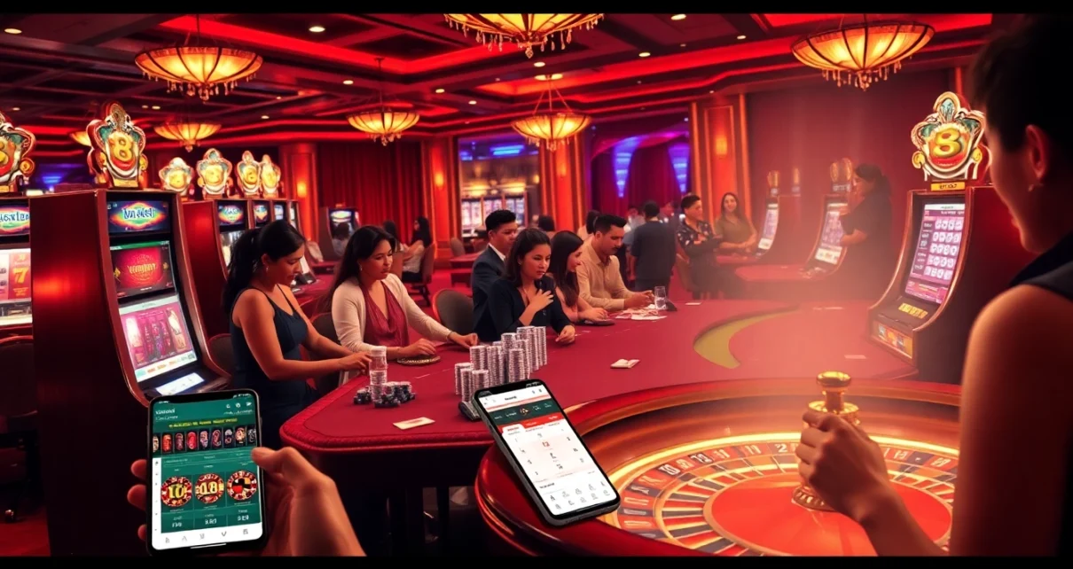 Intense gameplay at 8xbet with vibrant casino elements and players enjoying their experience.