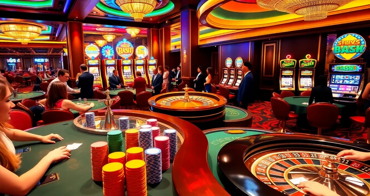 Players engaging in thrilling casino action at https://23win8b.com/ with vibrant slot machines and poker tables.