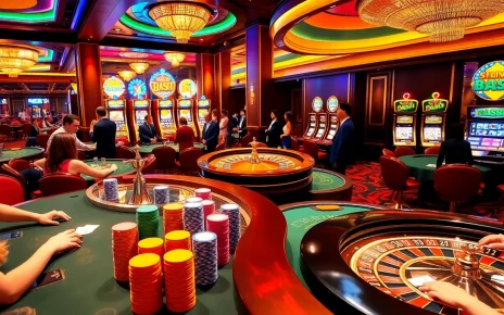 Players engaging in thrilling casino action at https://23win8b.com/ with vibrant slot machines and poker tables.