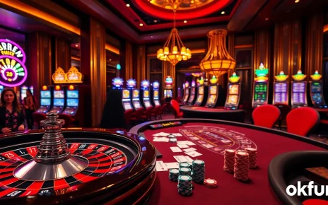 Experience the thrill of gambling at okfun casino with vibrant slot machines and roulette tables.